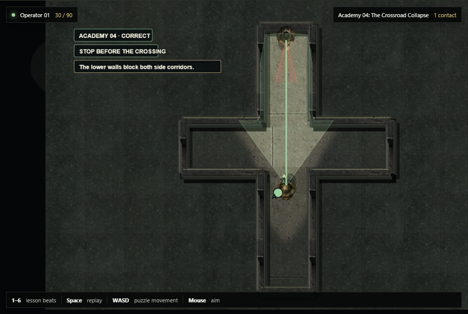 Shadow Breach Academy lesson showing game geometry and sightlines